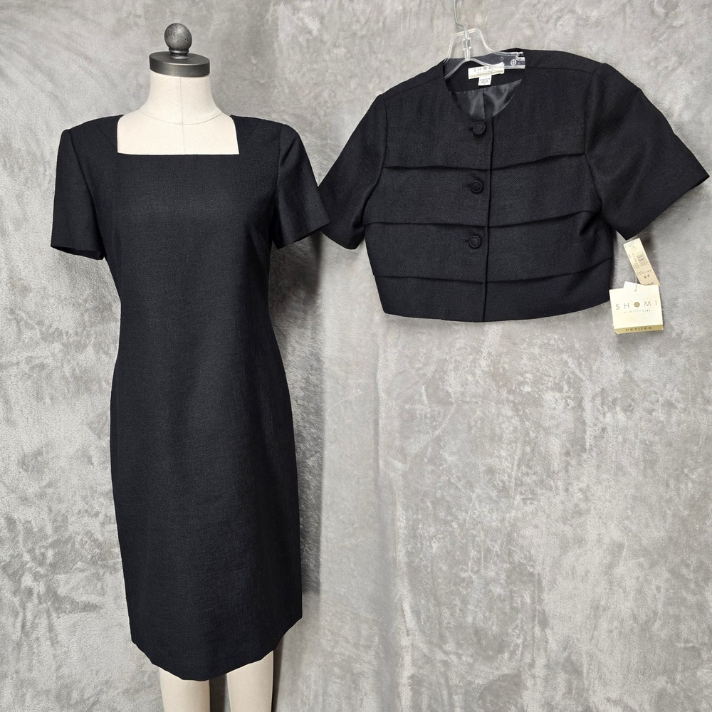 Vintage Shomi Miller Shor Dress Suit Women 8P Black Crop Jacket Sheath‎ Set NEW